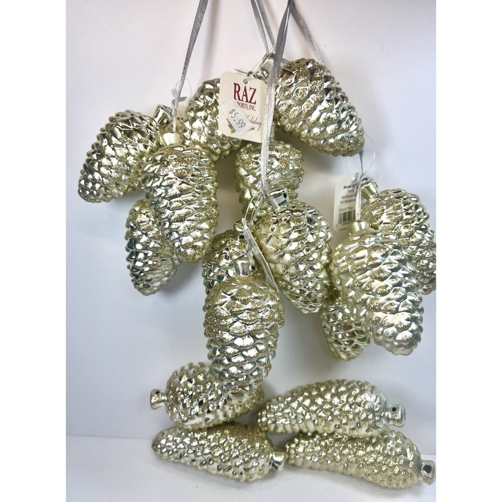 NEW 16 RAZ Imports  Pinecone Christmas Ornaments Glitter Silver Gold Sparkly